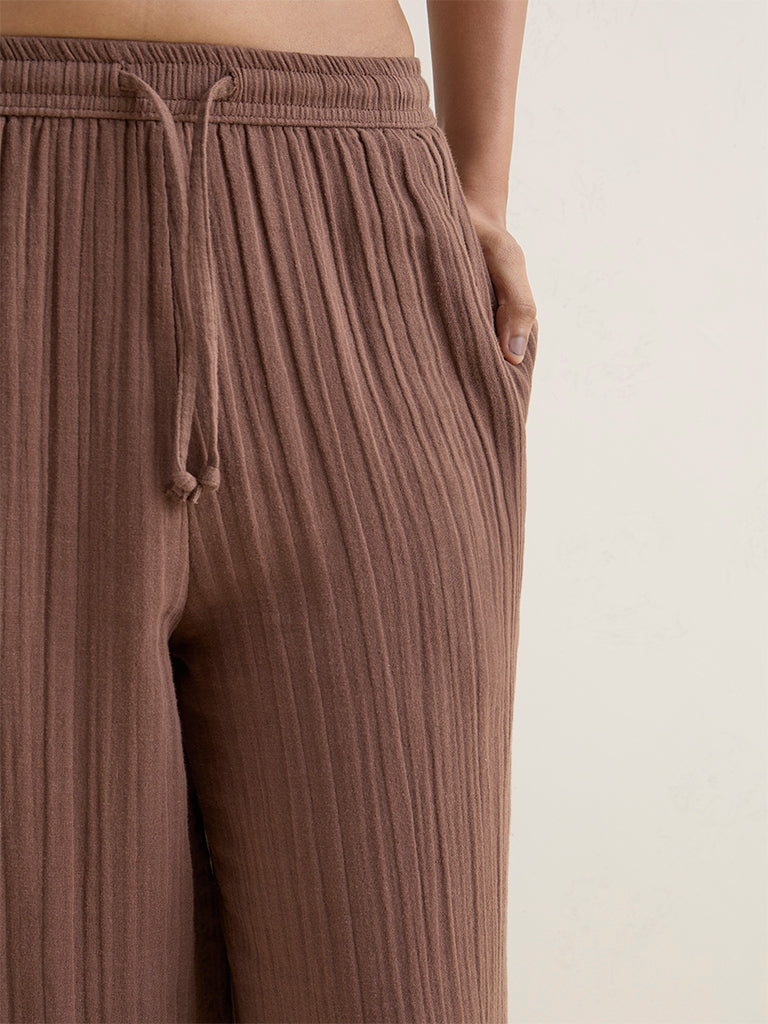 Wunderlove Dark Brown Crinkle-Textured High-Rise Cotton Beach Pants