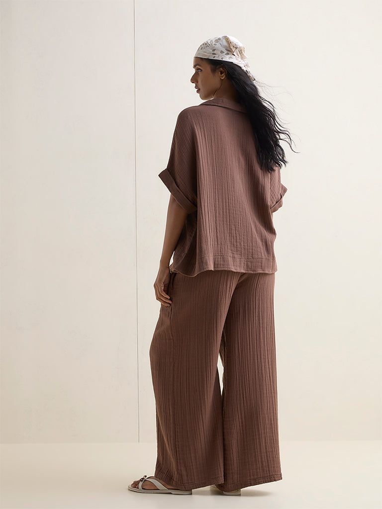 Wunderlove Dark Brown Crinkle-Textured High-Rise Cotton Beach Pants