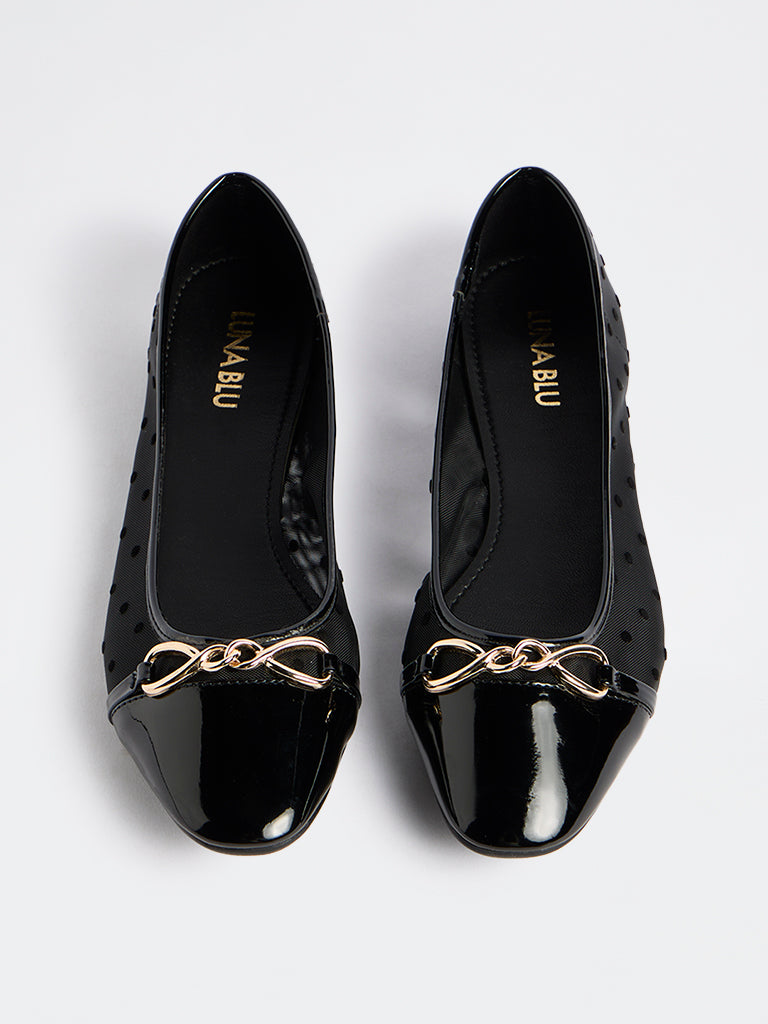 LUNA BLU Black Saddle-Detailed Mesh Ballerinas