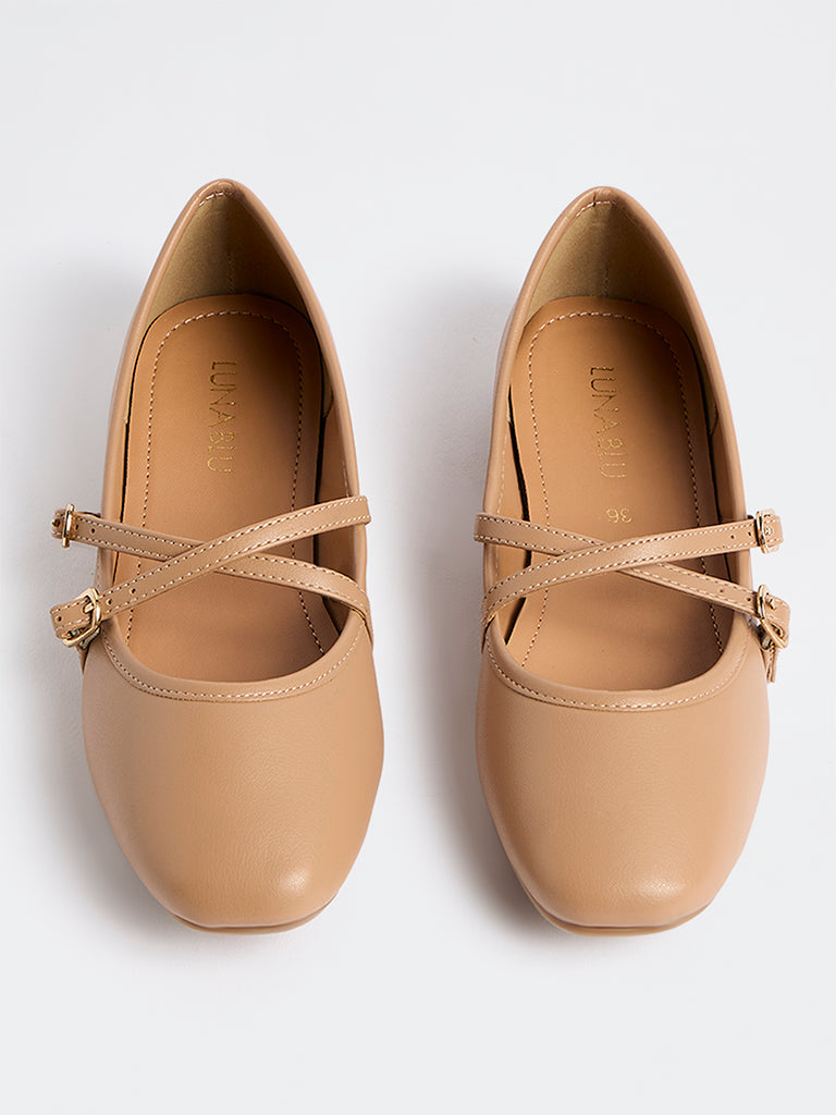 LUNA BLU Dark Beige Criss-Cross Strap Mary Jane Shoes