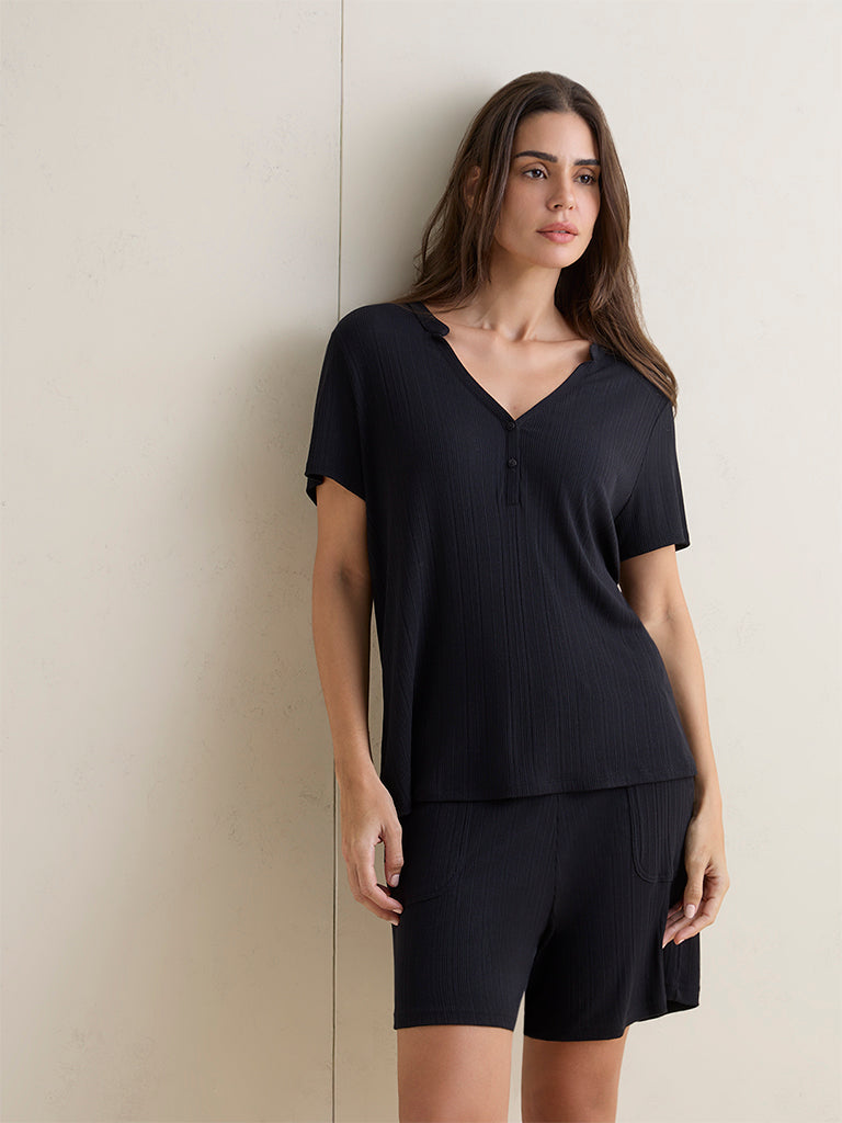 Wunderlove Black Ribbed Henley Top