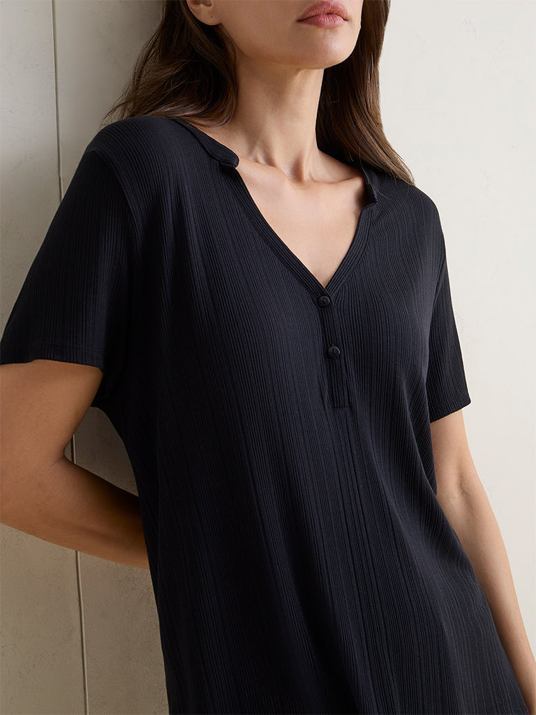 Wunderlove Black Ribbed Henley Top
