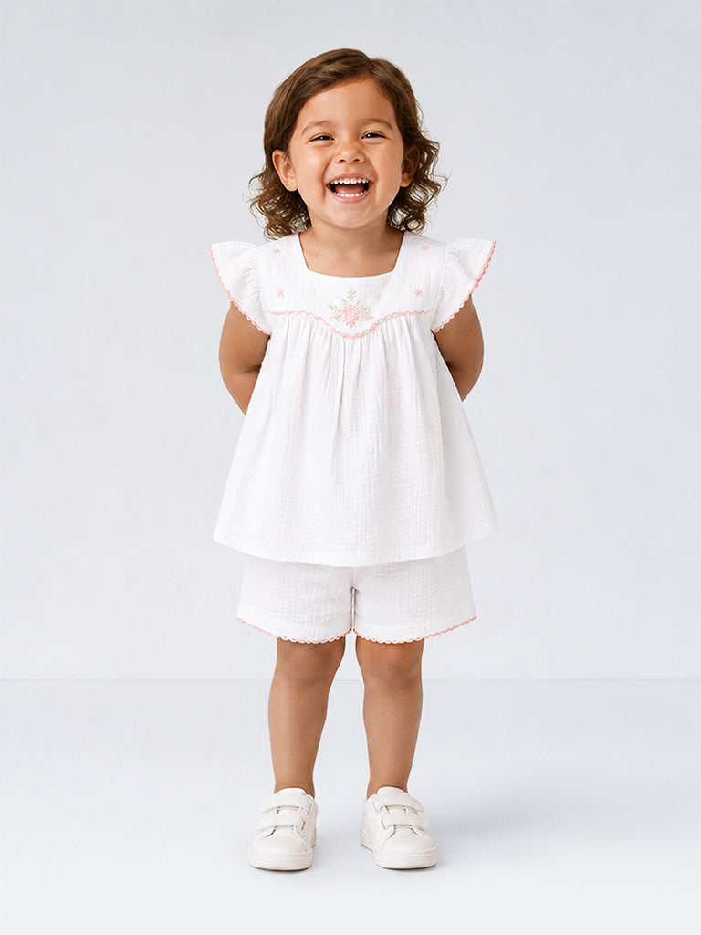 HOP Baby Girls White Floral Cotton Top and Shorts Set