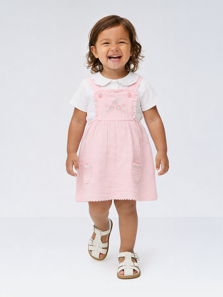 HOP Baby Girls Pink Floral Embroidered Cotton Pinafore and T-Shirt Set