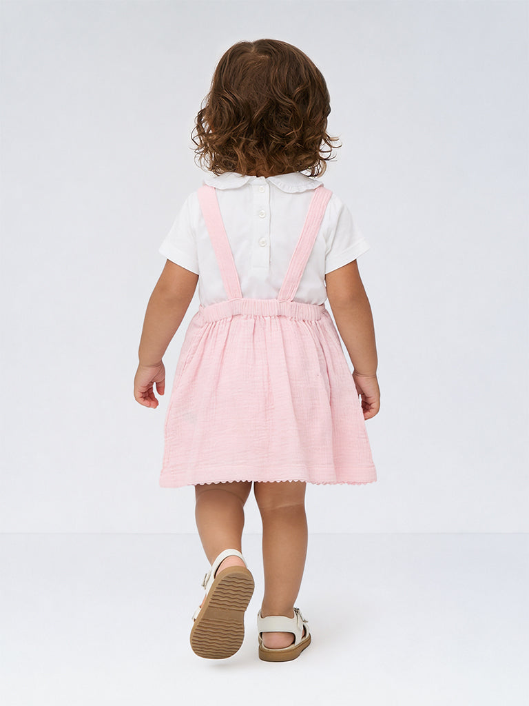 HOP Baby Girls Pink Floral Embroidered Cotton Pinafore and T-Shirt Set