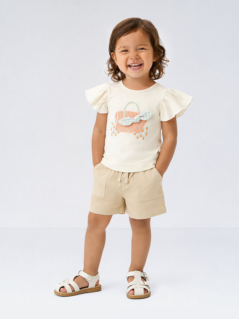 HOP Baby Girls Beige Embroidered Cotton Top and Shorts Set