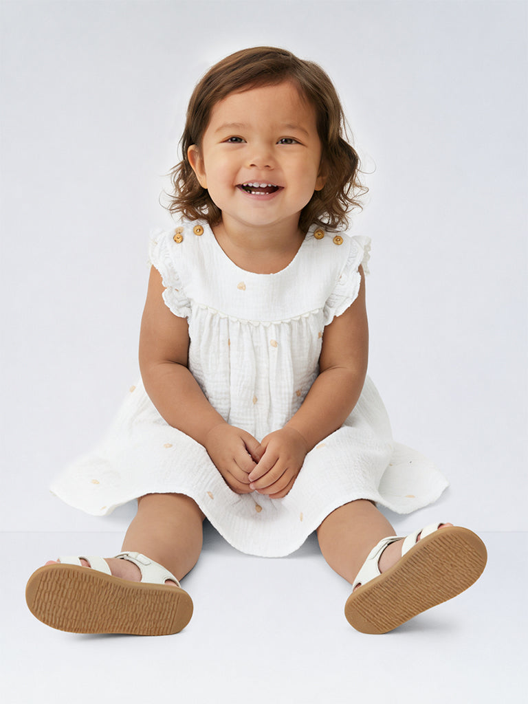 HOP Baby Girls White Heart-Embroidered Cotton A-Line Dress