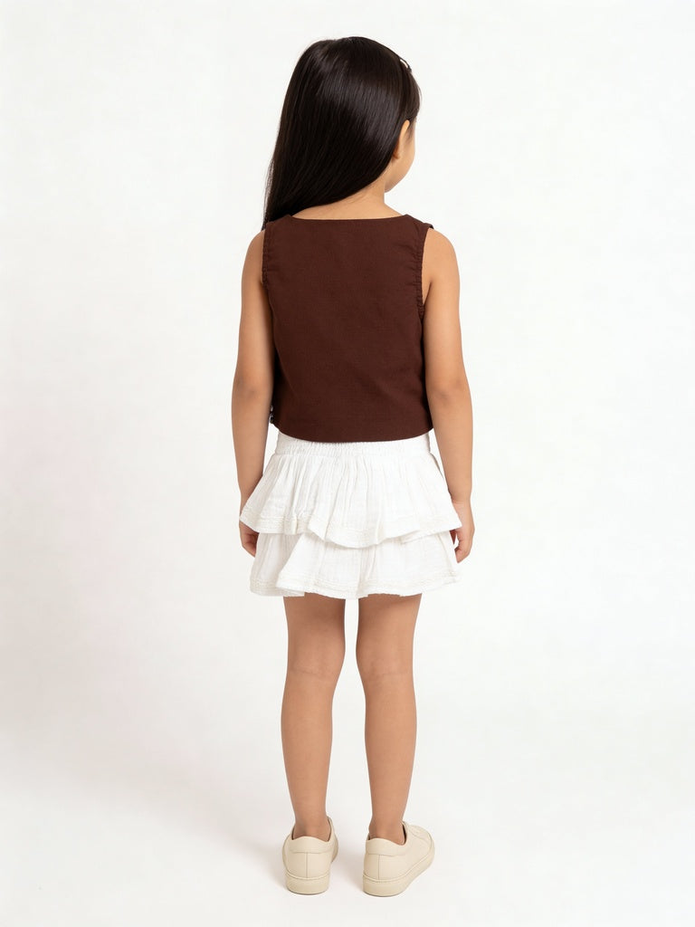 HOP Kids Girls Brown Floral Embroidered Dobby Cotton Waistcoat