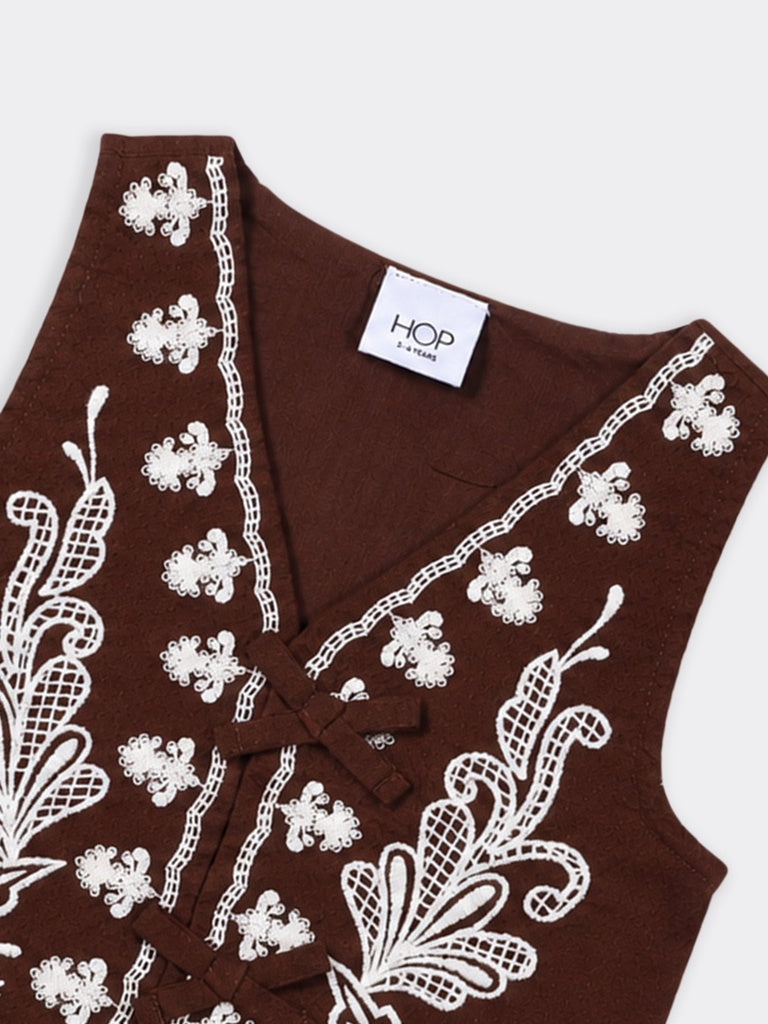 HOP Kids Girls Brown Floral Embroidered Dobby Cotton Waistcoat