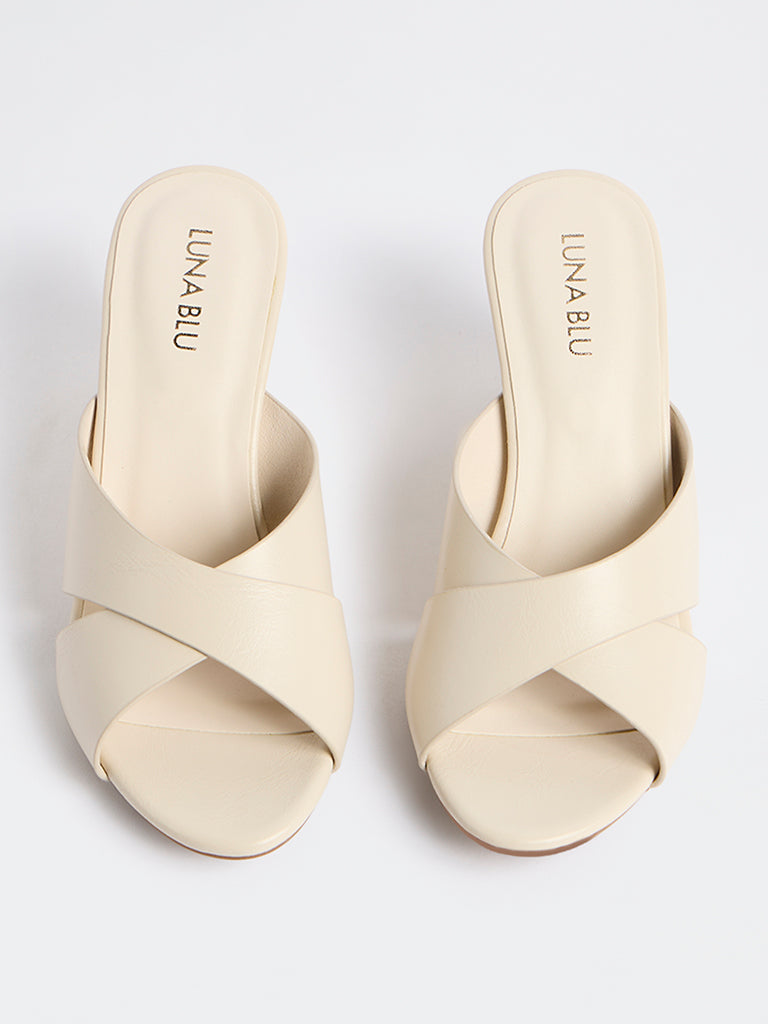 LUNA BLU Ivory Criss-Cross Strap Wedge Heel Sandals