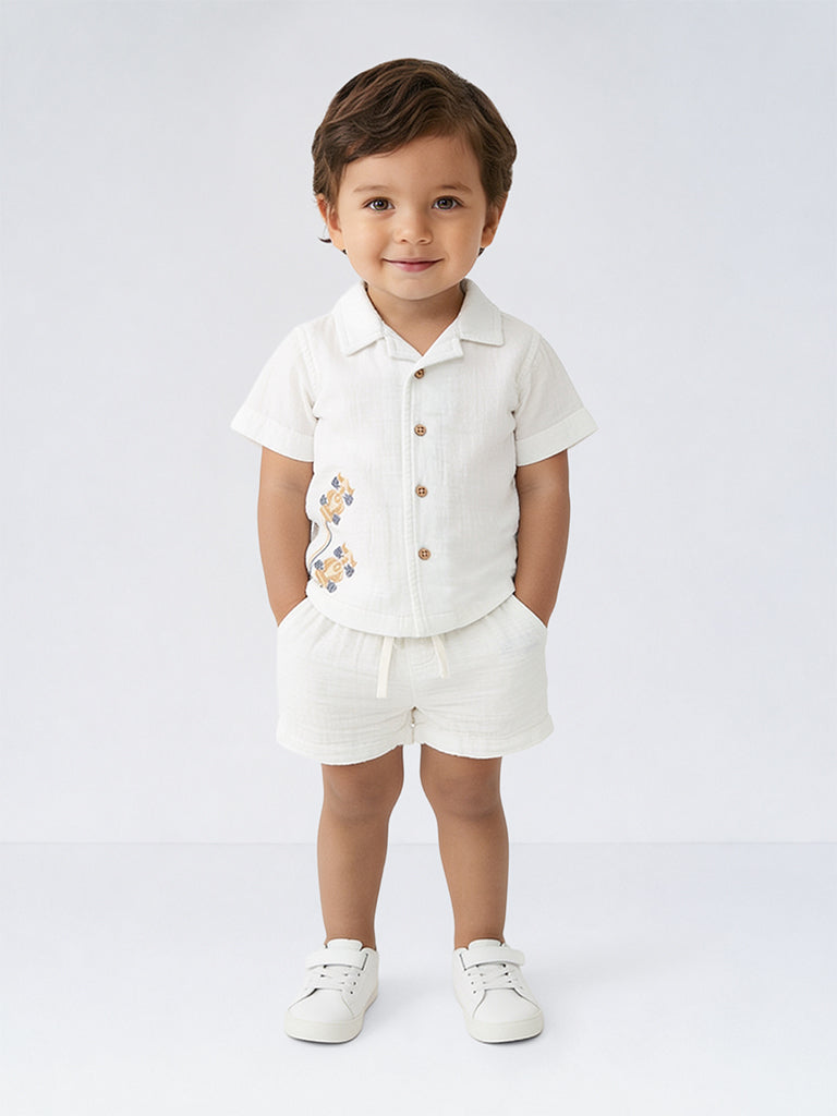 HOP Baby Boys White Embroidered Cotton Shirt and Shorts Set
