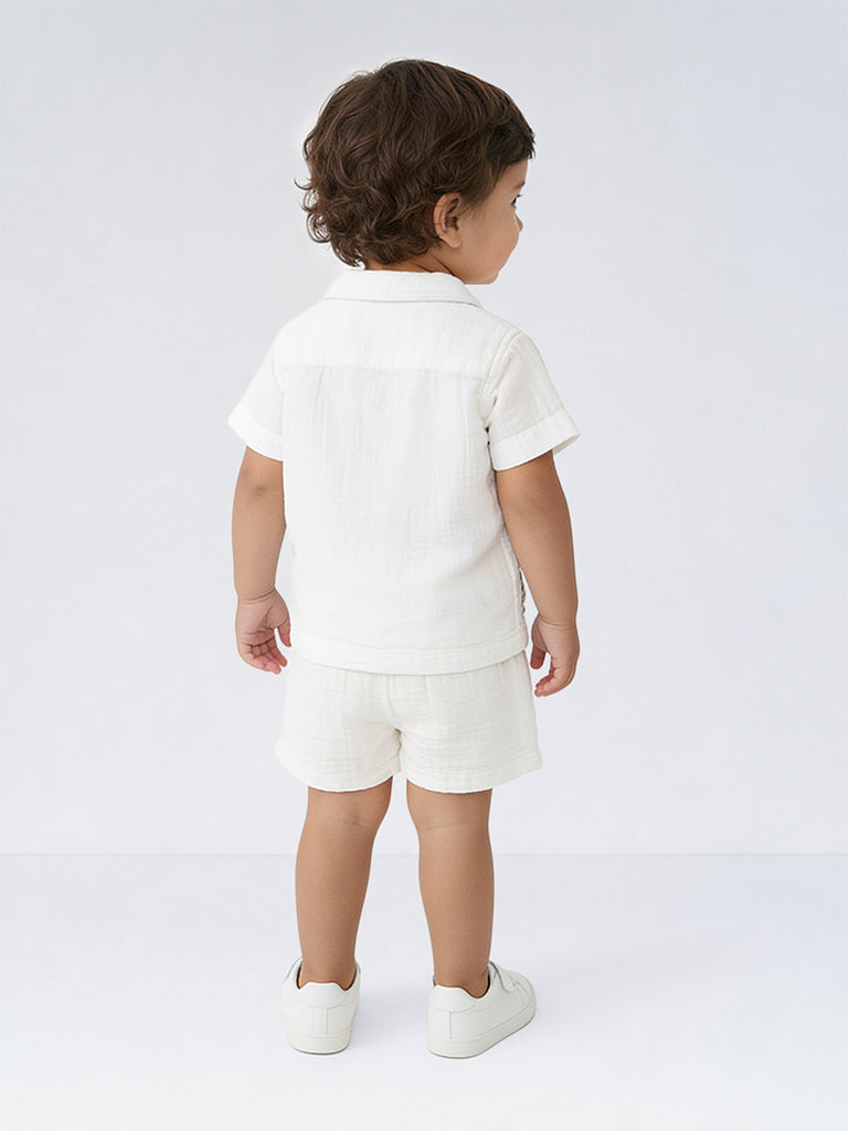 HOP Baby Boys White Embroidered Cotton Shirt and Shorts Set