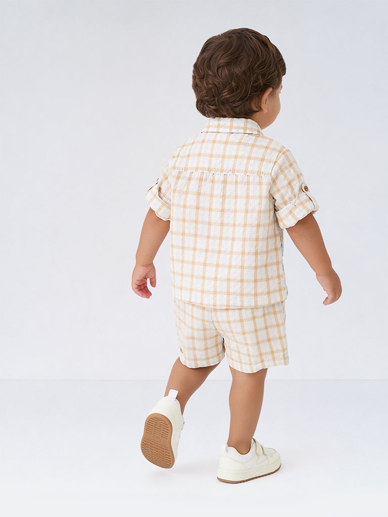 HOP Baby Boys Peach Checkered Cotton Shirt and Shorts Set