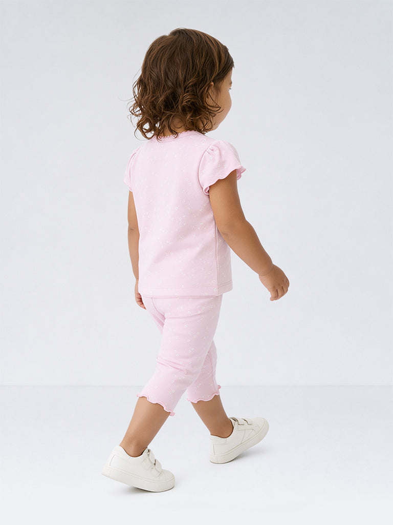 HOP Baby Girls Pink Floral Printed Cotton T-Shirt and Pants Set