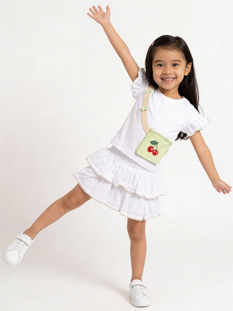 Hop Kids Girls Off-White Eyelet Embroidered Tiered Flared Cotton-Blend Skirt