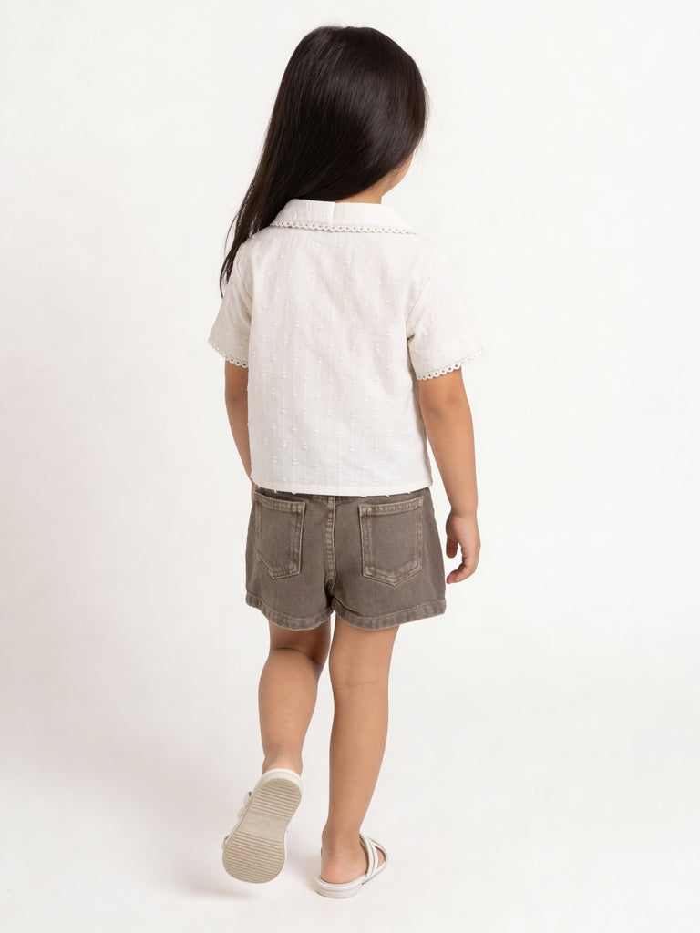 HOP Kids Girls Off-White Dobby Textured Lace Trim Cotton Shirt