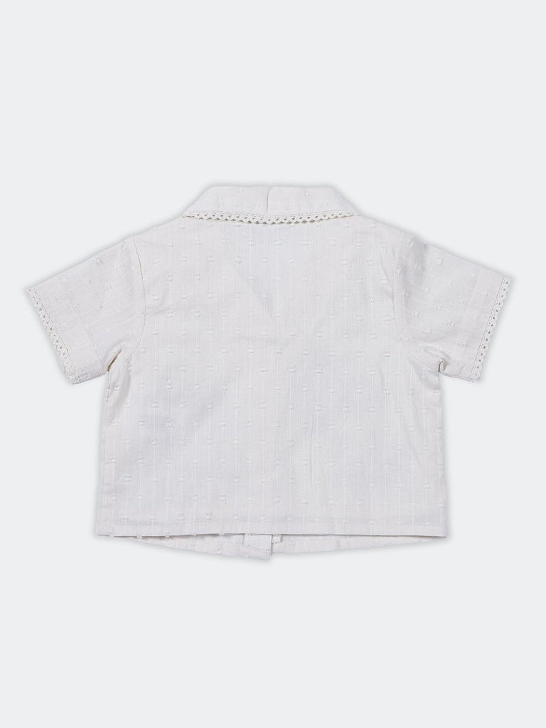 HOP Kids Girls Off-White Dobby Textured Lace Trim Cotton Shirt