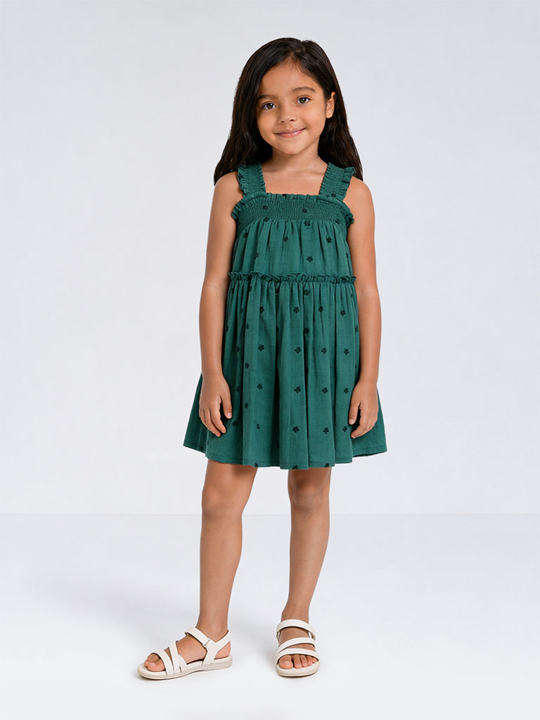 HOP Kids Girls Teal Embroidered Cotton-Blend A-Line Dress