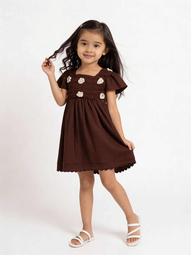 HOP Kids Girls Brown Floral Bodice Cotton Fit and Flare Dress