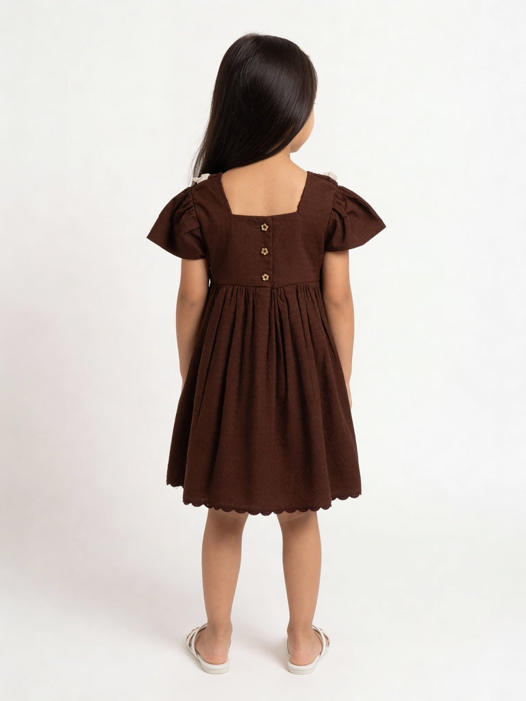 HOP Kids Girls Brown Floral Bodice Cotton Fit and Flare Dress