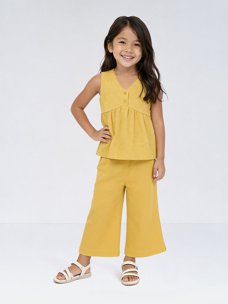 Utsa Kids Girls Yellow Floral Embroidered Cotton Top - (2-8 yrs)