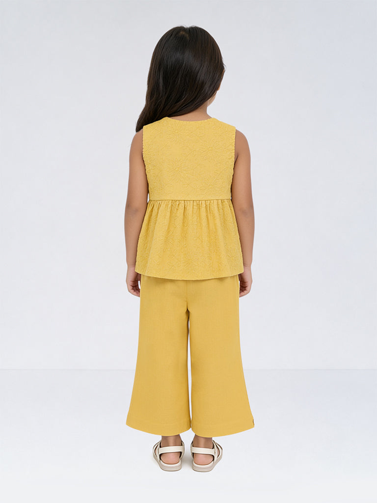 Utsa Kids Girls Yellow Floral Embroidered Cotton Top - (2-8 yrs)