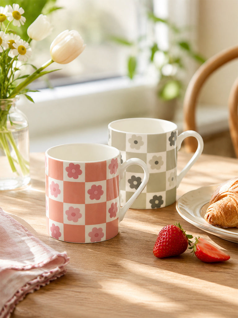 Westside Home Pink and Sage Checks Printed Mugs - Set of 2