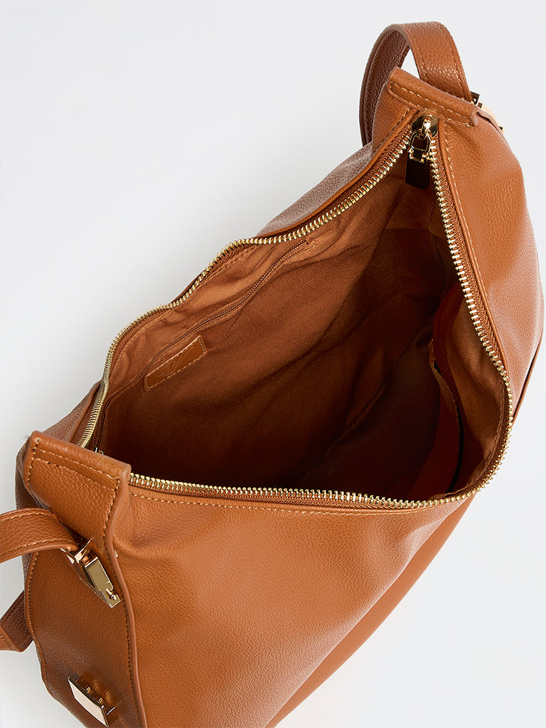 Westside Light Brown Textured Moon Shoulder Bag