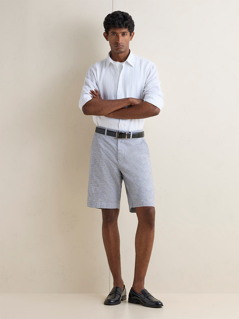 Ascot Navy Striped Relaxed-Fit Mid-Rise Cotton-Blend Shorts