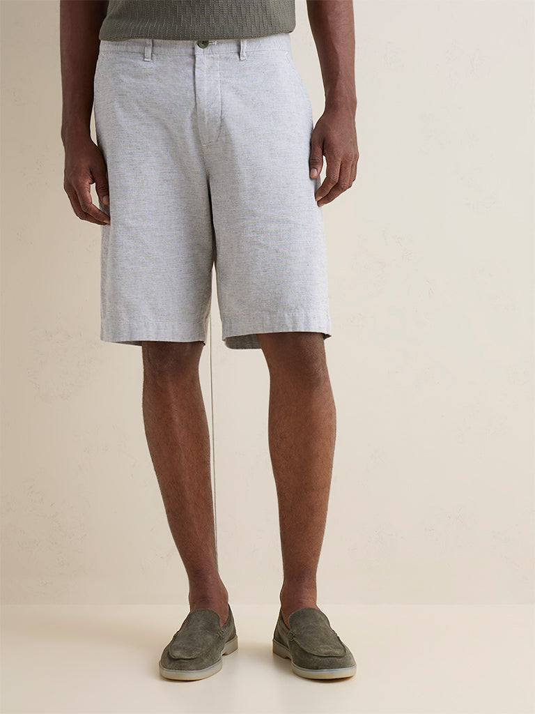 Ascot Olive Stripes Relaxed-Fit Mid-Rise Cotton-Blend Shorts