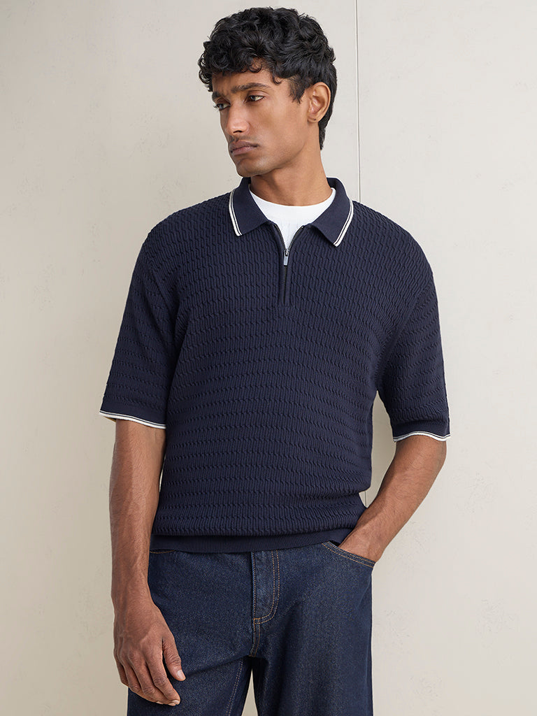 Ascot Navy Relaxed-Fit Cotton Quarter-Zip Polo T-Shirt