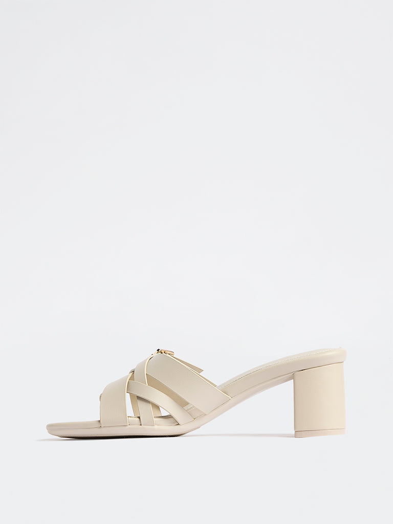 LUNA BLU Ivory Criss-Cross Strap Block Heel Sandals