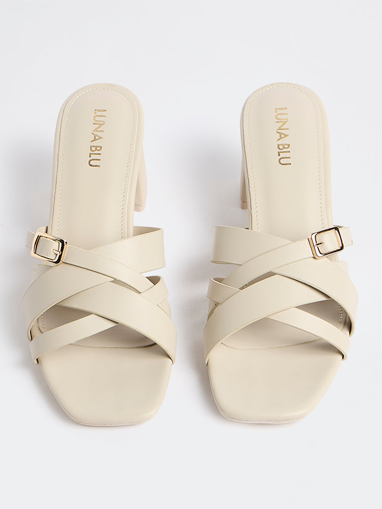 LUNA BLU Ivory Criss-Cross Strap Block Heel Sandals