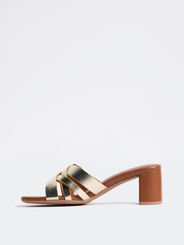 LUNA BLU Light Gold Criss-Cross Strap Block Heel Sandals