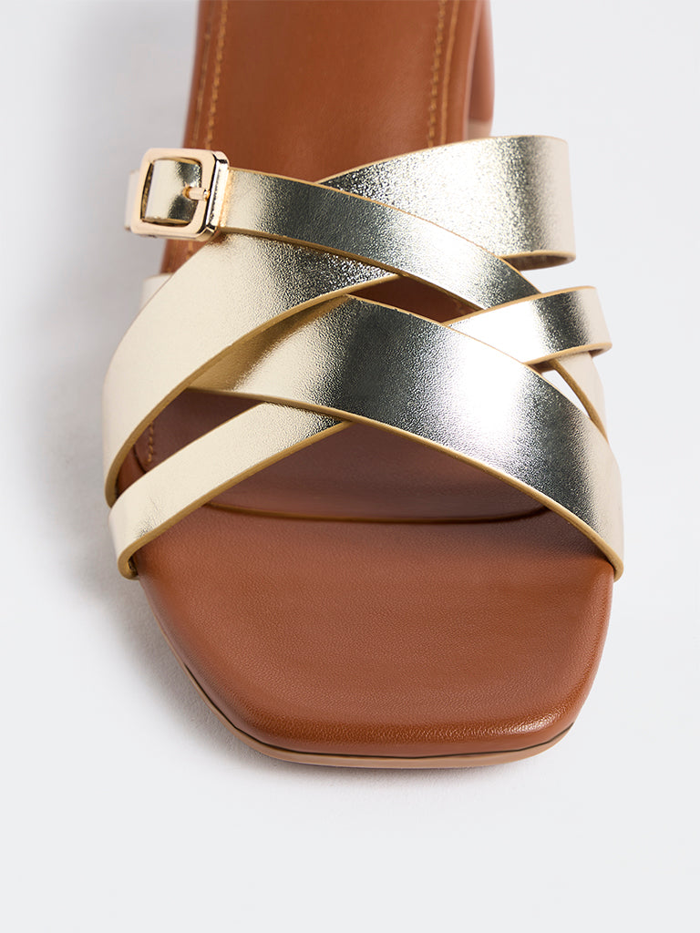 LUNA BLU Light Gold Criss-Cross Strap Block Heel Sandals