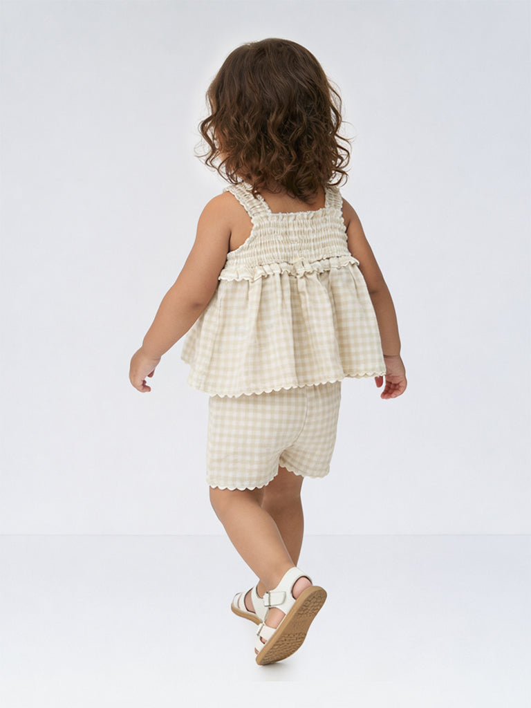 HOP Baby Girls Beige Checkered Cotton Top and Shorts Sets