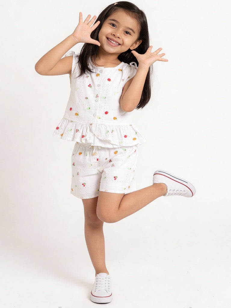 HOP Kids Girls Off-White Embroidered Cotton Top and Shorts Set
