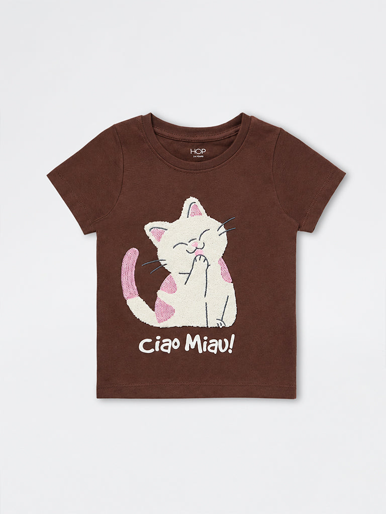 HOP Kids Girls Brown Cat Printed Cotton T-Shirt