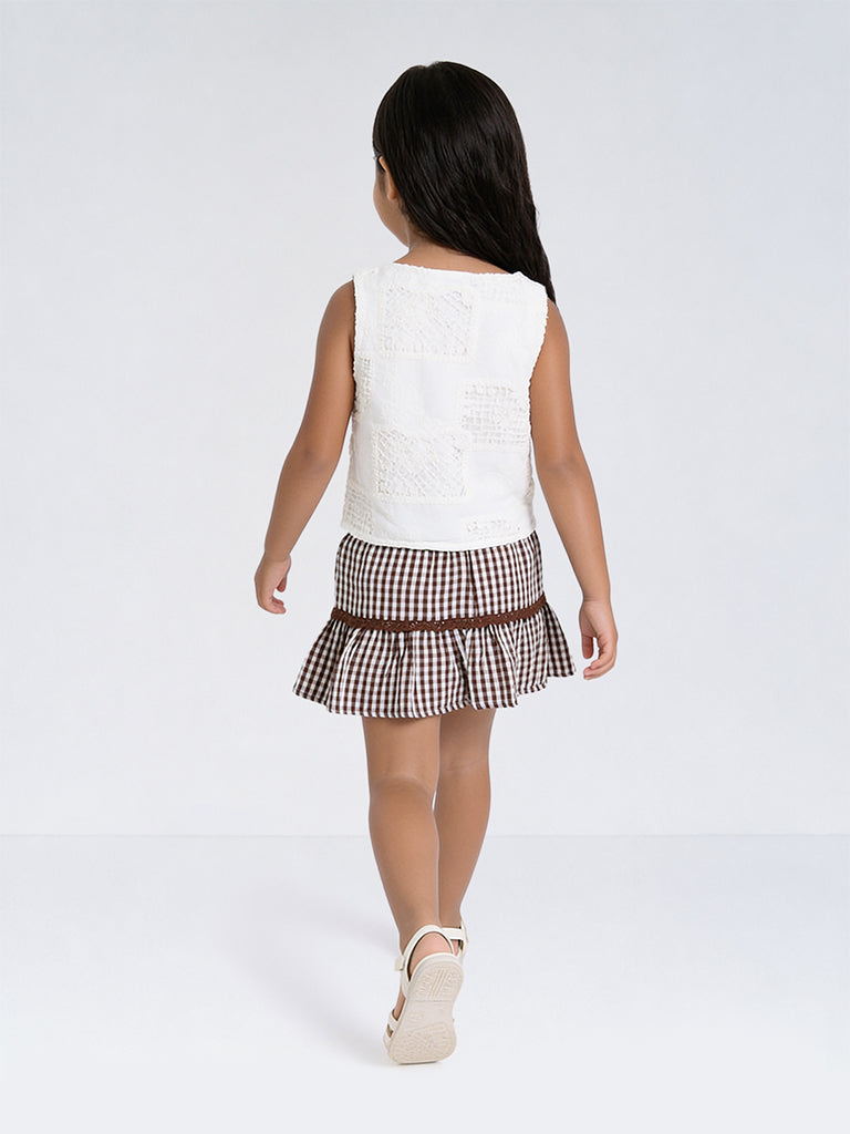 HOP Kids Girls Brown Checkered Cotton High-Rise Skirt