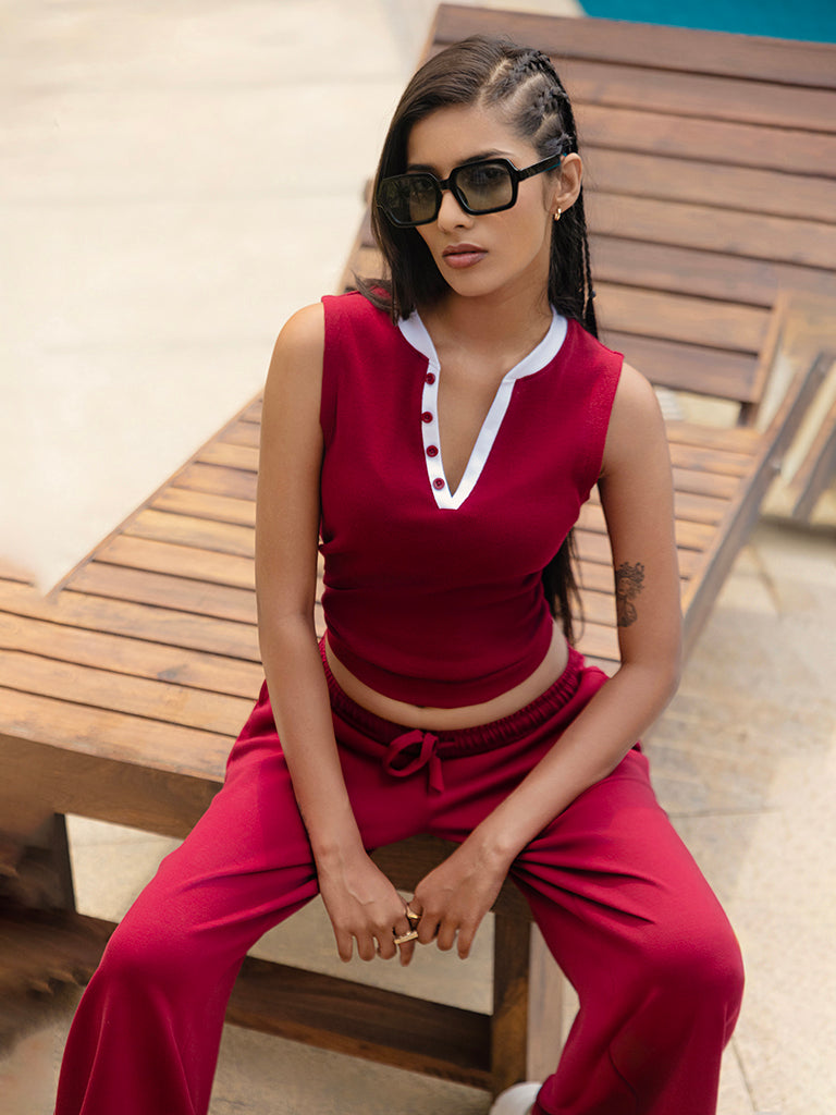 Nuoflexx Maroon Ribbed Cotton-Blend Top
