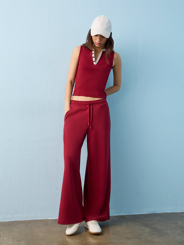 Nuoflexx Maroon Ribbed Cotton-Blend Top