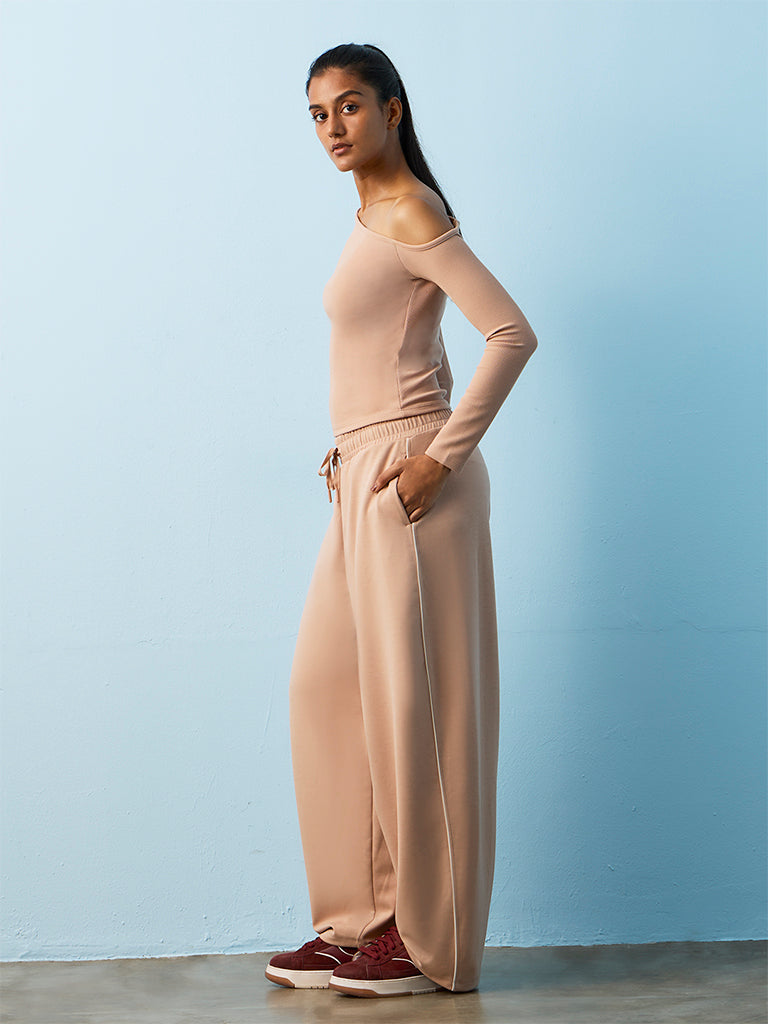 Nuoflexx Beige Ribbed-Textured One-Shoulder Top