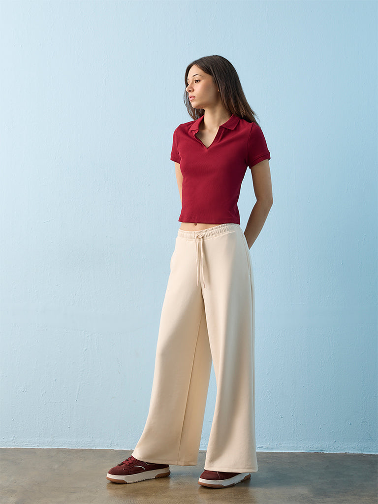 Nuoflexx Maroon Ribbed Cotton-Blend T-Shirt