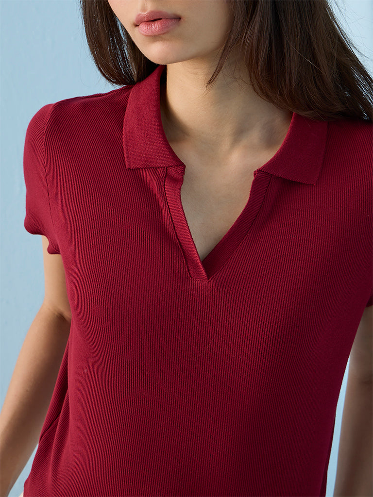 Nuoflexx Maroon Ribbed Cotton-Blend T-Shirt