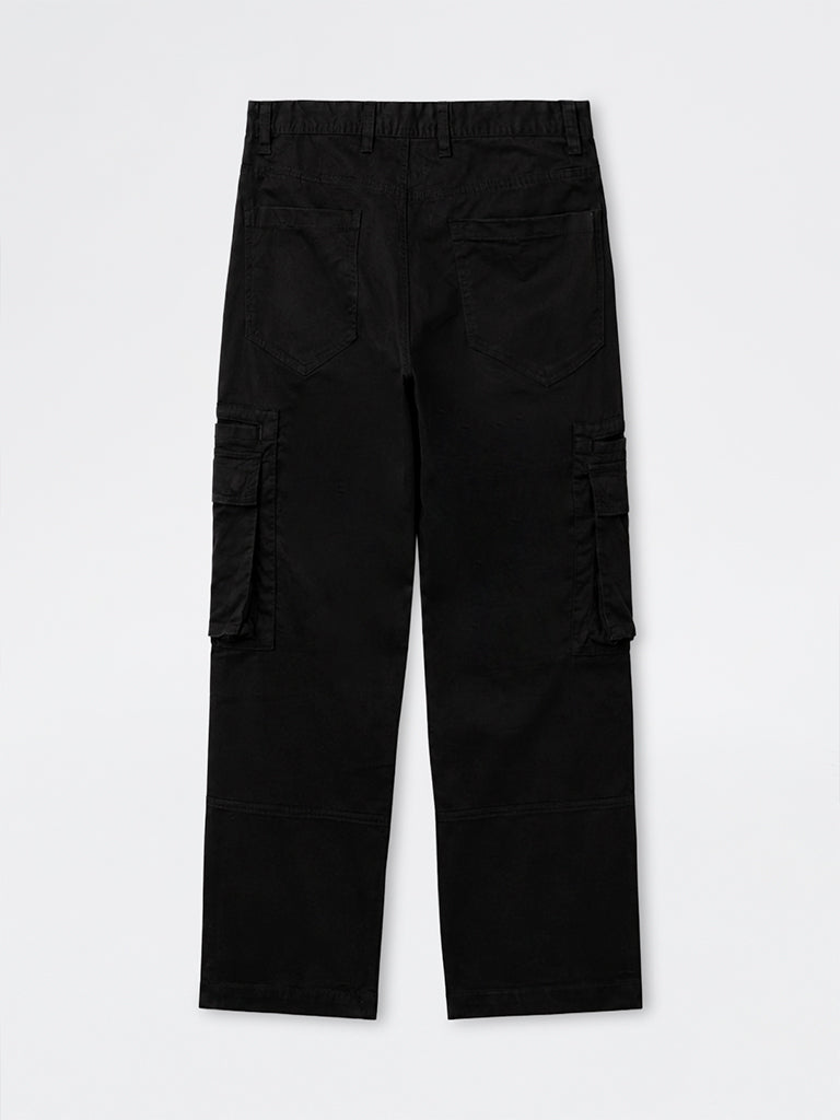 WES Casuals Black Relaxed-Fit Mid-Rise Cotton Cargo Pants