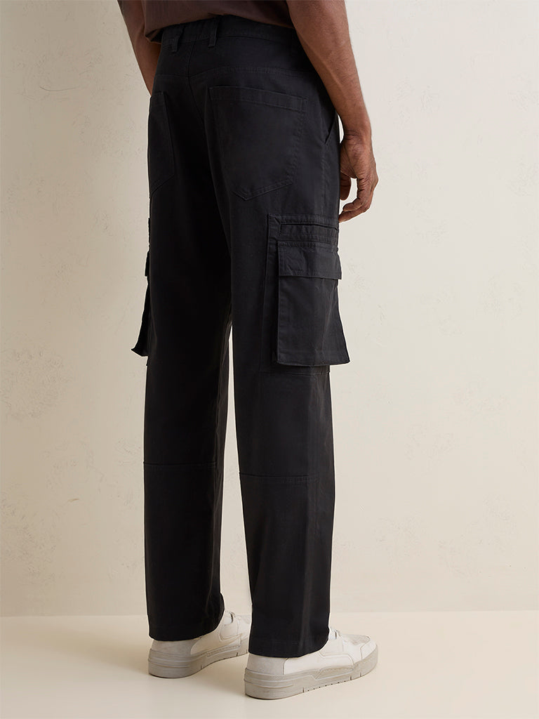 WES Casuals Black Relaxed-Fit Mid-Rise Cotton Cargo Pants