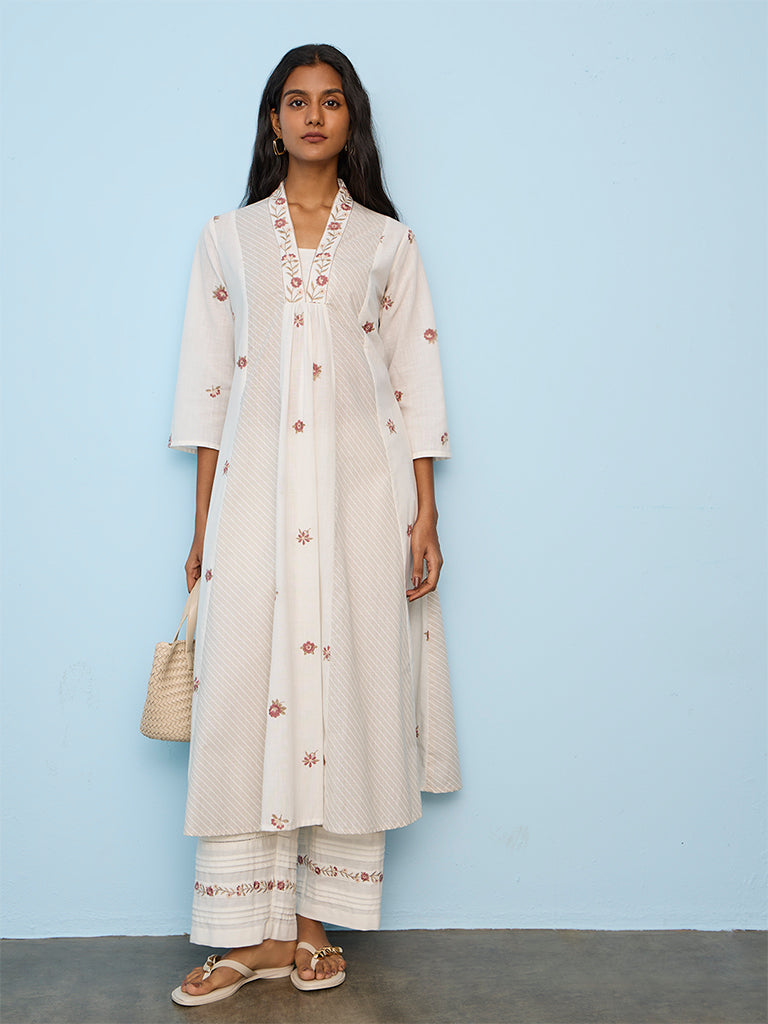 Utsa White Floral Embroidered Cotton A-Line Kurta