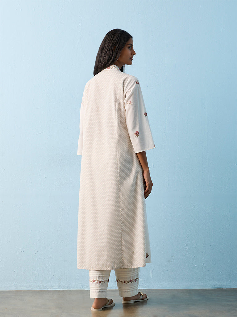 Utsa White Floral Embroidered Cotton A-Line Kurta