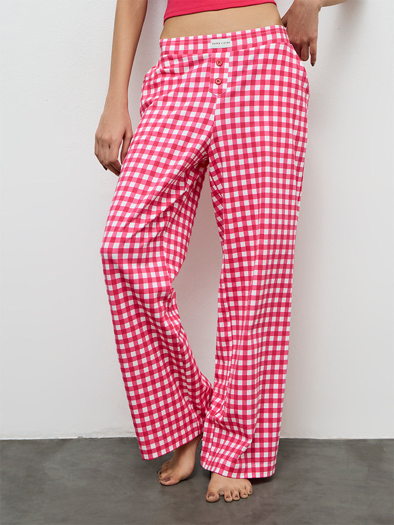 Superstar Pink Checkered High-Rise Cotton-Blend Pants