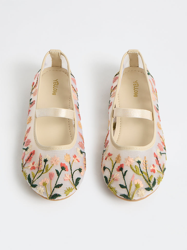 Yellow Pink Floral Embroidered Mary Jane Shoes